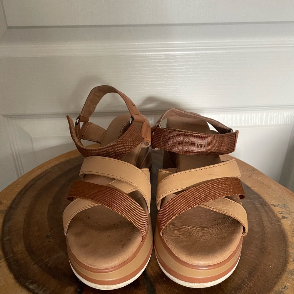 Brown and Tan Platform Shoes with Adjustable Ankle Strap